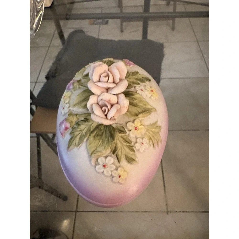 Vtg Lefton Porcelain Egg Trinket Jewelry Box Pink Applied Roses Japan 472